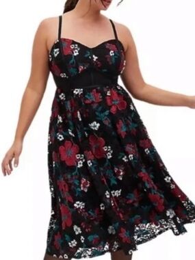 torrid Black Midi Dress with Red & Teal Floral Embroidery